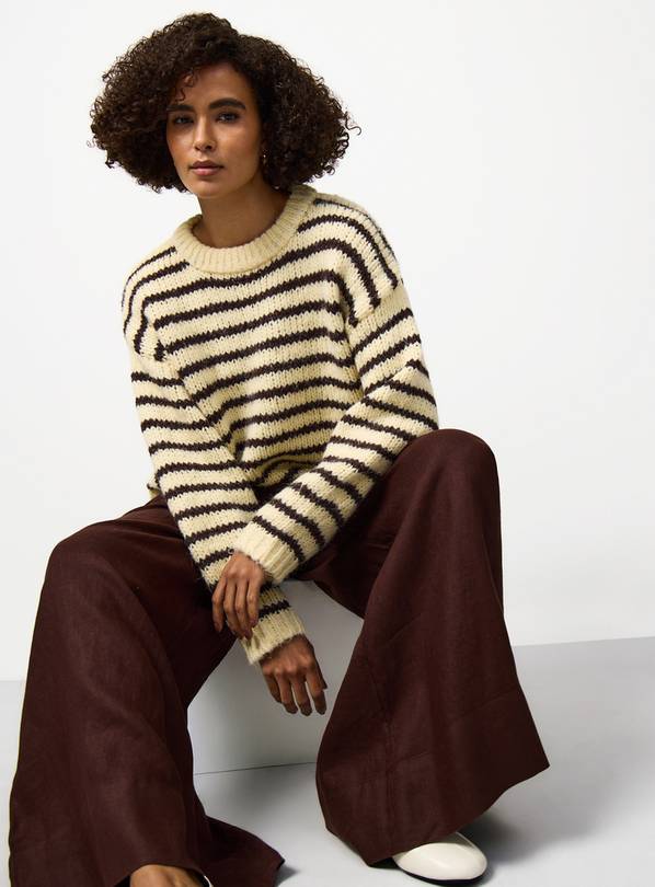 Cream Stripe Print Slouch Fit Knitted Jumper L